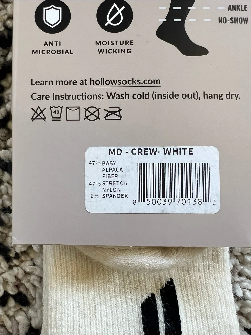 Hollow Alpaca Socks Crew White Unisex Adult Size Medium